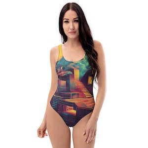 Retro Futuristic One-Piece Swimsuit | Cyberpunk Neon City Bathing Suit | Vaporwave Sci-Fi Aesthetic Swimwear | Galaxy Pool Party Look