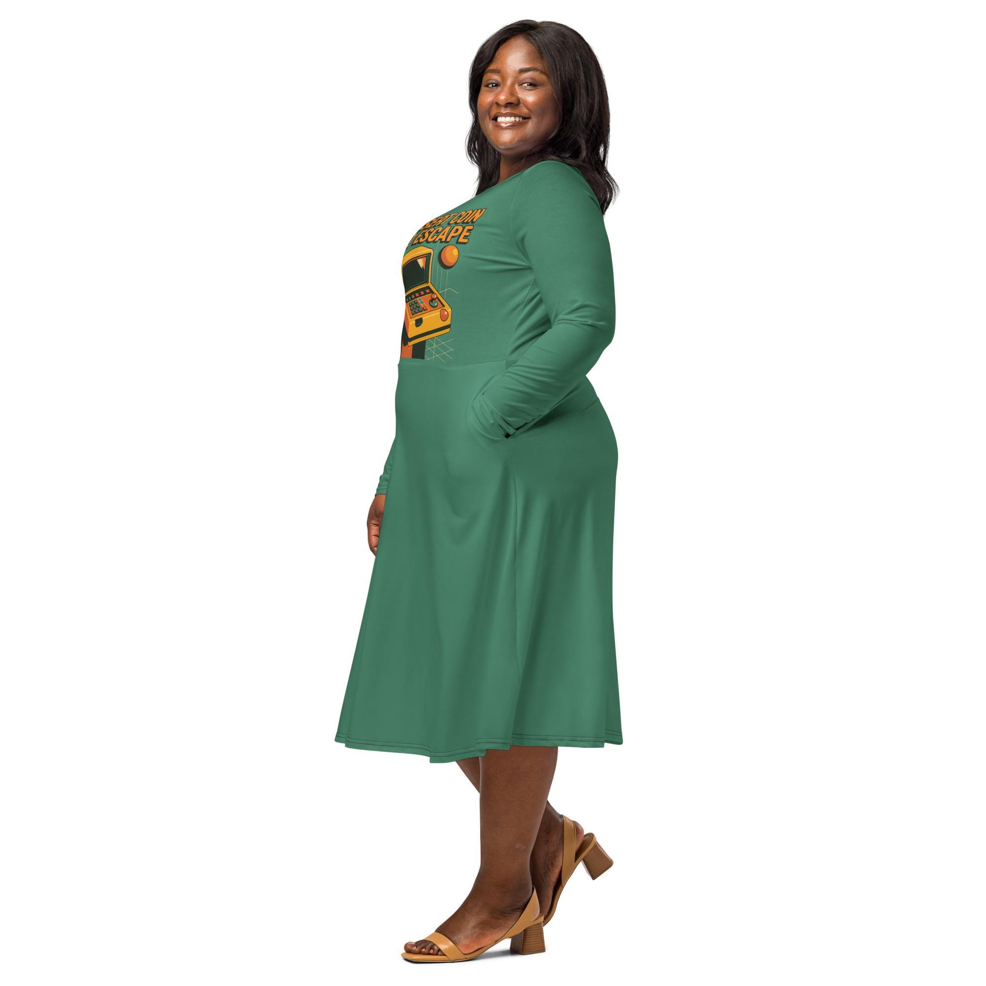 Insert Coin to Escape Midi Dress | Long Sleeve 80s Gamer Style | Retro Pixel Art Dress | Arcade Aesthetic | Geek Chic Nerdy Girl Outfit