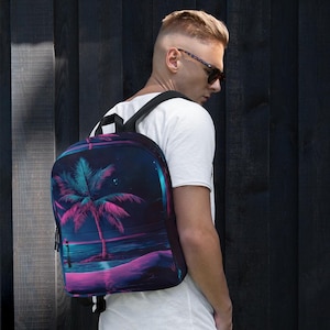 Neon Aesthetic Backpack – Vaporwave Cyberpunk Bag, Retro 80s School Backpack, Cool Laptop Travel Pack, Trippy Pastel Goth Bookbag