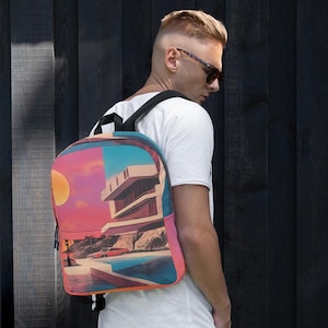 Retro Futuristic Backpack | Vaporwave Neon Mansion All-Over Print Bag | Y2K Aesthetic Dreamcore Bookbag for 80s Style & Streetwear Fans