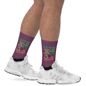 Retro Socks – Please Be Kind Rewind | Funny 80s VHS Style Socks | Vintage Gamer Gift | Geeky Techwear | Bold Nostalgic Accessory
