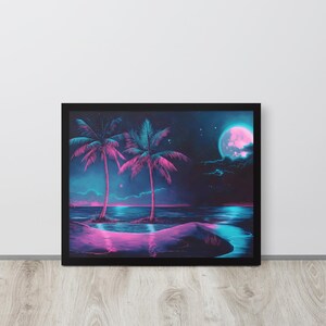 Neon Moon Palm Tree Framed Poster – Cyberpunk Beach Wall Art – Vaporwave Aesthetic Print – Retro Futuristic Home Decor