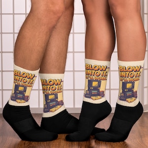 Retro Gamer Socks &quot;Blow Into It&quot; | Funny 80s Video Game Socks | Geeky Nerd Gift | Vintage Cartridge Style | Gamer Crew Socks