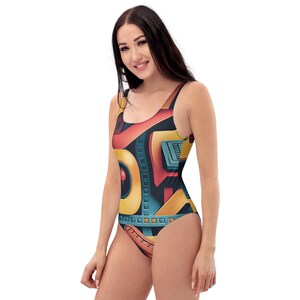 Retro Futuristic One-Piece Swimsuit | Abstract Geometric Bathing Suit | Colorful Art Swimwear | Bold Pool or Beach Gift for Creatives