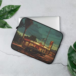 Retro Diner Laptop Sleeve | Vaporwave Synthwave Car Laptop Case | 80s Cyberpunk Aesthetic Tech Accessory | Neon Night Scene Cover