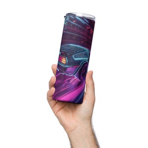 Retro Futuristic Car Stainless Steel Tumbler | Neon DeLorean 80s Vaporwave Cup | Cyberpunk Travel Mug | Sci-Fi Aesthetic Drinkware