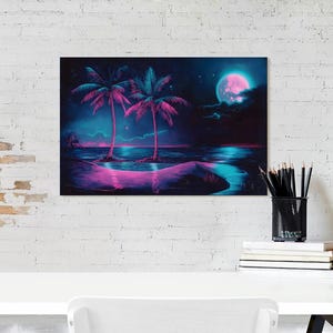 Neon Beach Digital Download – Vaporwave Cyberpunk Art, Aesthetic 80s Synthwave, Trippy Moonlit Palm Trees, Printable Wall Decor