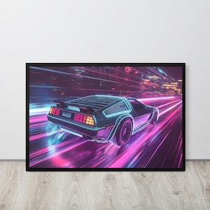 Retro futuristische auto ingelijste poster | Neon DeLorean-muurkunst jaren 80 Vaporwave | Cyberpunk scifi woondecoratie | Esthetische kunstafdruk