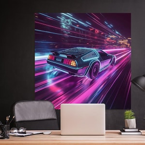 Retro neon auto dun canvas | Synthwave kunst aan de muur jaren 80 | Vaporwave-kamerdecoratie | Cyberpunk-canvasafdruk | Futuristische kunst | Muurdecoratie gamer