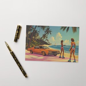 80s Retro Beach Postcard – Neon Palm Vaporwave Card, Vintage Summer Greeting, Nostalgic Coastal Aesthetic