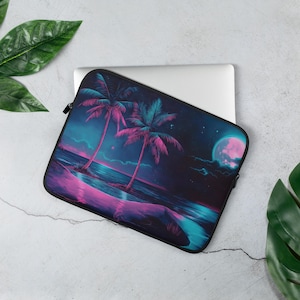 Neon Palm Tree Laptop Sleeve - Vaporwave Aesthetic Laptop Case - Cyberpunk 80s Retro Computer Cover - Soft Protective Sleeve