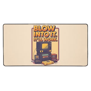 Retro Desk Mat &quot;Blow Into It&quot; | Funny Gaming Mouse Pad XL | 80s Gamer Desk Decor | Nerd Gift for Gamers | Cartridge Nostalgia Setup