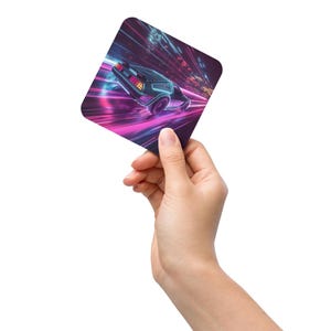 Retro Futuristic Car Cork-Back Coaster | Neon DeLorean 80s Vaporwave Decor | Cyberpunk Sci-Fi Drink Coaster | Aesthetic Table Art