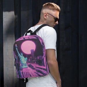 Sac à dos Statue de la liberté Synthwave - Esthétique rétro NYC néon, sac Cyberpunk Vaporwave, sac à dos d'école ou de voyage Cityscape des années 80