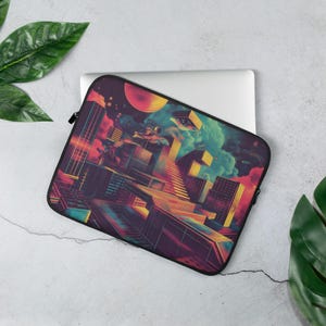 Cyberpunk Laptop Sleeve | Neon Vaporwave Computer Case | Sci-Fi Cityscape Sleeve | Retro Futuristic Tech Gift | Gamer Aesthetic Accessory