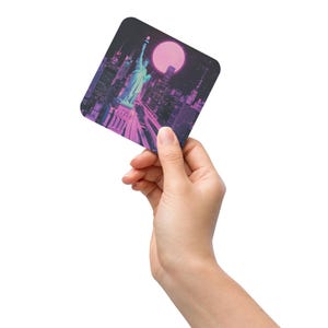 Statue of Liberty Cork Coaster | Synthwave Drink Coaster | Vaporwave NYC Decor | Retro Cyberpunk Barware | Neon Aesthetic Table Accessory