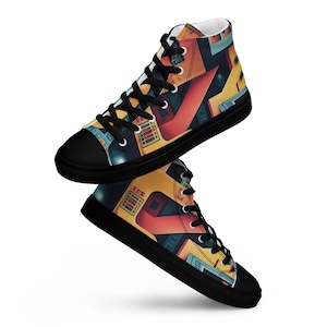 Women’s High-Top Canvas Shoes | Retro Futuristic Geometric Sneakers | Bold Colorful Art Shoes | Creative Footwear for Designers & Artists