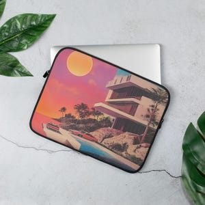 Retro Futuristic Laptop Sleeve | Vaporwave Neon Mansion All-Over Print Case | Y2K Aesthetic Computer Cover for Dreamcore & 80s Style Lovers