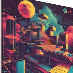 Retro Futuristic Sci-Fi City Canvas | Cyberpunk Vaporwave Wall Art | Trippy Space Surrealism Home Decor | Galaxy Core Aesthetic