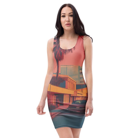 Retro Sunset Bodycon Dress – 80s Aesthetic Palm Trees, Vintage