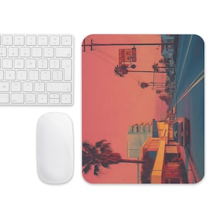 Alfombrilla de ratón retro con palmeras y atardecer / Alfombrilla de escritorio estética de los 80 / Decoración de oficina Vaporwave / Alfombrilla para juegos / Ideal para trabajar / Regalo para gamers y creadores