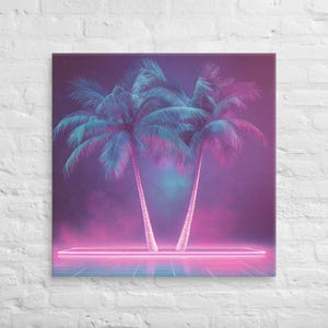 Vaporwave Canvas Print, Retro Sunset Wall Art, 80s Aesthetic Decor, Synthwave Palm Trees, Neon Beach Art, Large Wall Print