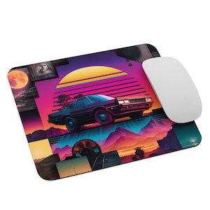 Alfombrilla de ratón retro de los 80: coche neón vaporwave, estética synthwave, alfombrilla para escritorio gaming, decoración de oficina cyberpunk, un regalo genial para gamers.
