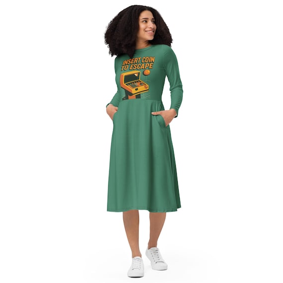 Insert Coin to Escape Midi Dress | Long Sleeve 80s Gamer Style
