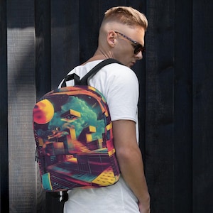 Cyberpunk Backpack – Futuristic Glitch Art Bookbag, Neon Techwear Laptop Bag, Vaporwave Street Style Gift for Gamers & Digital Artists