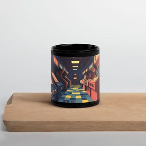 Retro Arcade Black Glossy Mug – 80s Gamer Coffee Cup – Vintage Gaming Aesthetic Gift – Vaporwave Geek Drinkware for Home or Office