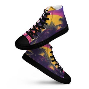 Retro Sunset Palm Tree High Top Canvas Shoes – Vaporwave Aesthetic Sneakers – 80s Nostalgia Streetwear – Trendy Women&#39;s Footwear