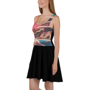 Retro Futuristic Skater Dress | Vaporwave Neon Mansion Aesthetic Outfit | Y2K Dreamcore All-Over Print Dress for 80s-Inspired Style