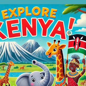 Op de afbeelding: Een kleurrijke illustratie van dieren en een persoon in traditionele kleding, met de tekst "Explore Kenya!" en "made by Tess Polderman" bovenaan en onderaan de afbeelding.