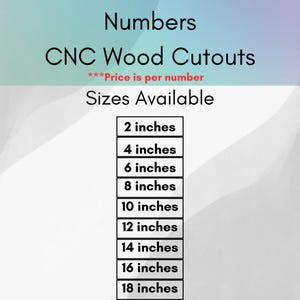 May include: A digital graphic displaying the text Numbers CNC Wood Cutouts and Sizes Available. A vertical list of rectangular boxes contains the following measurements in inches: 2, 4, 6, 8, 10, 12, 14, 16, and 18 inches, presented in black text.