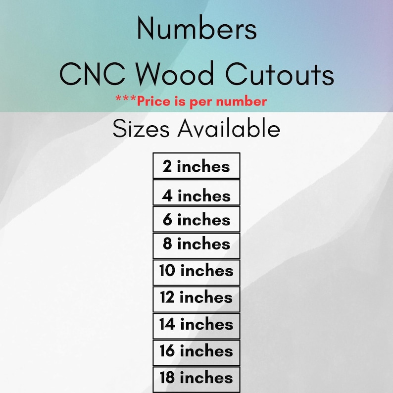 May include: A digital graphic displaying the text Numbers CNC Wood Cutouts and Sizes Available. A vertical list of rectangular boxes contains the following measurements in inches: 2, 4, 6, 8, 10, 12, 14, 16, and 18 inches, presented in black text.
