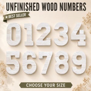May include: A set of ten unfinished wood numbers from zero to nine, featuring a light-colored wood grain texture. The text UNFINISHED WOOD NUMBERS appears at the top, with a BEST SELLER banner and a CHOOSE YOUR SIZE banner at the bottom.
