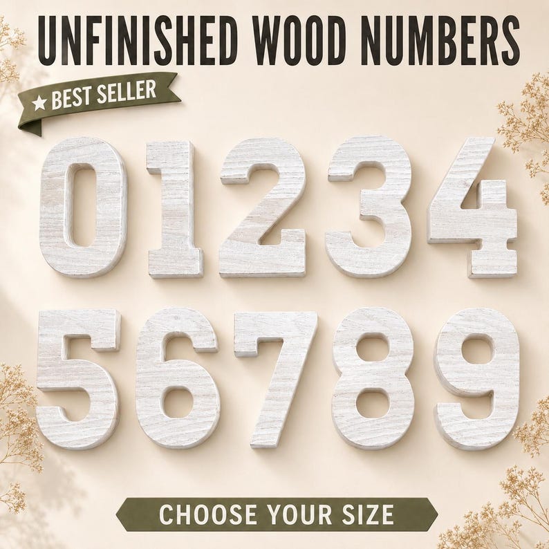 May include: A set of ten unfinished wood numbers from zero to nine, featuring a light-colored wood grain texture. The text UNFINISHED WOOD NUMBERS appears at the top, with a BEST SELLER banner and a CHOOSE YOUR SIZE banner at the bottom.