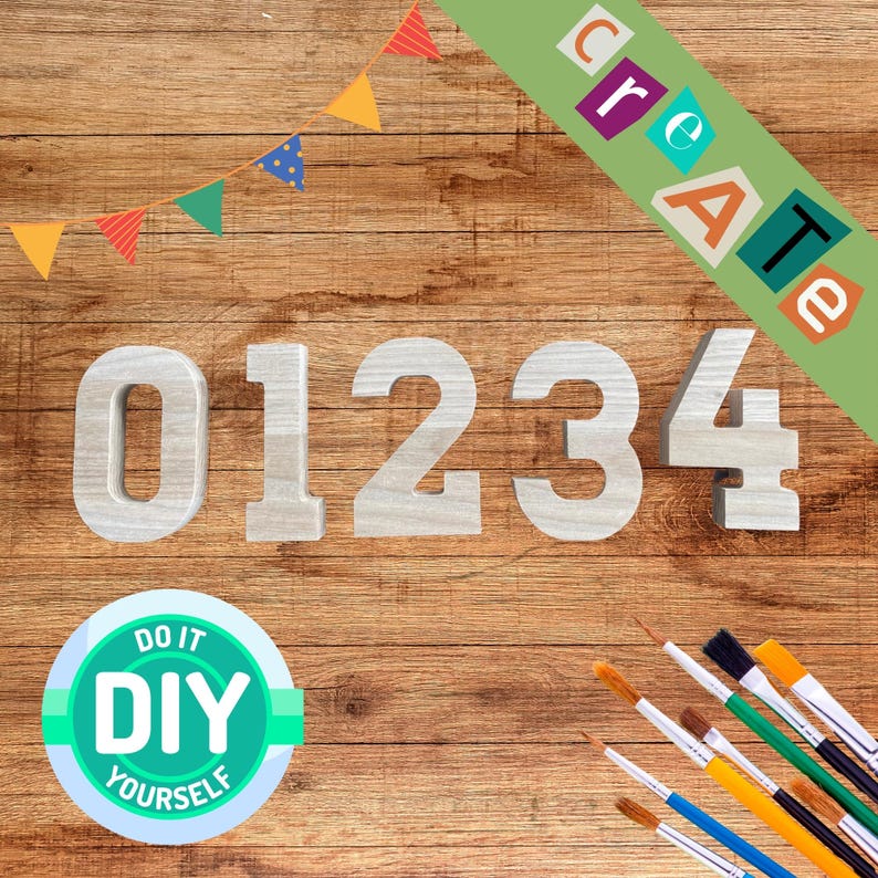 May include: Five light-colored wooden numbers zero through four arranged horizontally. A green diagonal banner displays the word CREATE. A circular logo features the text DO IT DIY YOURSELF. Six paintbrushes with various bristles are positioned below.