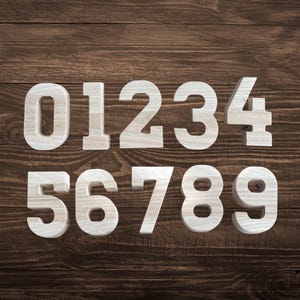 May include: A set of ten individual wooden numbers ranging from zero to nine. Each number is crafted from light-colored wood with a visible natural grain pattern. The digits are arranged in two horizontal rows, with zero through four on top and five through nine on the bottom, displaying a clean, block-style font design.
