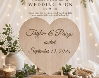 Engraved Wooden Heart Wedding Sign | Personalized Wedding Heart Sign | Custom Couple Name Sign | Rustic Wedding Decor Gift