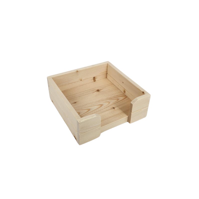 May include: A natural wood square tissue box holder with a cutout on one side. The holder is made of unfinished wood and has a simple design.