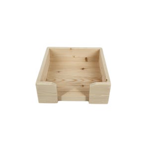 May include: A wooden box with a rectangular shape and a small opening in the front. The box is made of natural wood and has a light brown color.
