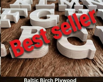 May include: A collection of individual, three-dimensional wooden letters crafted from light-colored Baltic birch plywood. The letters are arranged in a scattered formation, displaying various characters of the alphabet with visible wood grain textures.