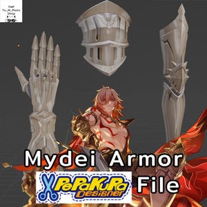 May include: A digital file for 3D printing a Mydei Armor set. The armor is silver and features a helmet, gauntlets, and bracers. The file is available for download from PePaKuRa Designer.