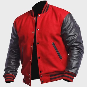 Mens Varsity Letterman Jacket Red Wool & Black Leather Sleeves Varsity Jacket