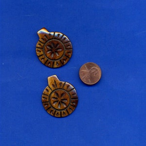 2 Bone Disk Beads with Flower Design, Hand Carved, Number 413
