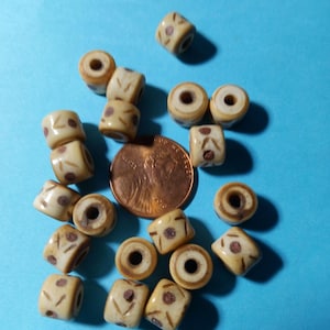 20 Bone 8mm Beads, drum shaped, Tan with designs, #1009