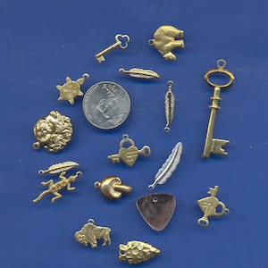 May include: A collection of 15 gold-toned metal charms, including a bear, a turtle, a key, a feather, a mushroom, a heart, a buffalo, and an arrowhead. The charms are arranged on a blue background.