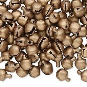 May include: A large pile of small, gold-colored metal bells with a black finish. The bells have a rounded shape and a small loop at the top.