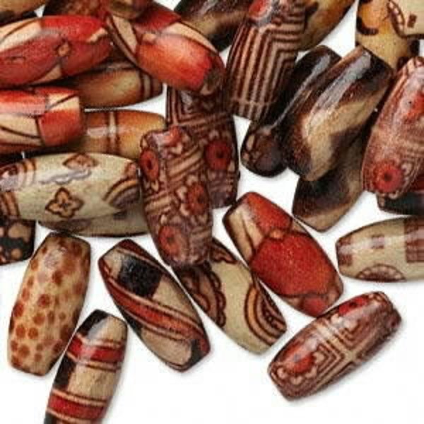 100  Pack of 15x7mm Wood Beads with designs, Light Weight